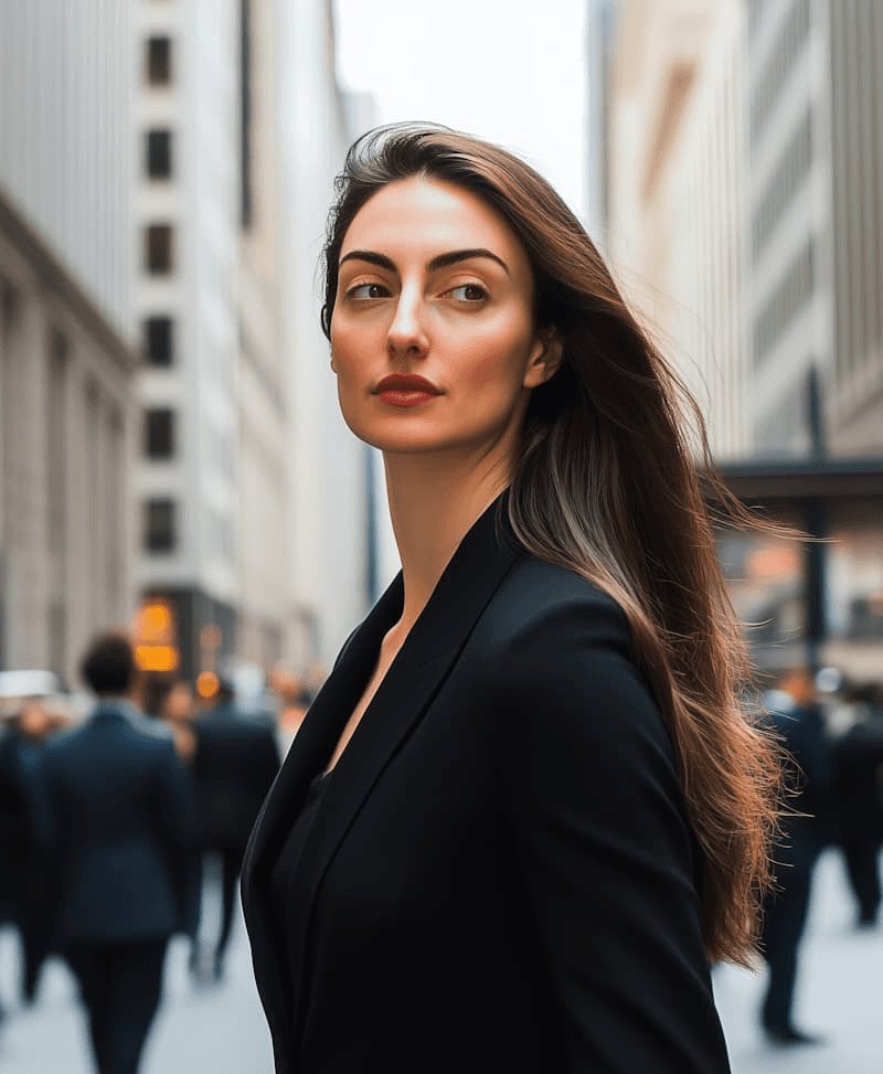 Selbstbewusste Geschäftsfrau in Anzug vor Wolkenkratzern. Portrait einer modernen Business-Frau im Stadtzentrum.