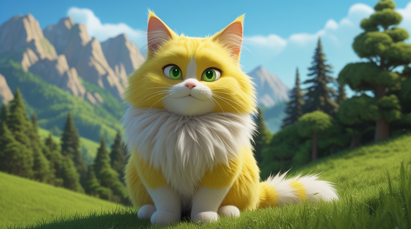 Perched on a hill overlooking a lush green meadow sits a shrewd, bright yellow-and-white cat with thick, fluffy fur and bright green eyes