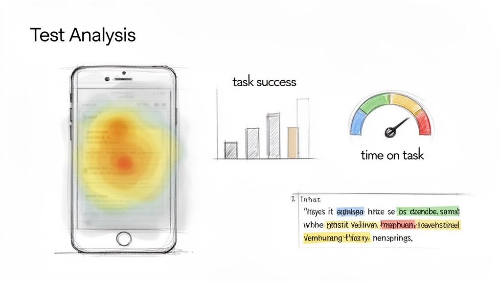 A sketch illustrating test analysis with a mobile heatmap, task success chart, time on task gauge, and highlighted text.