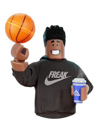 Roblox figure in hoodie spins basketball on finger.