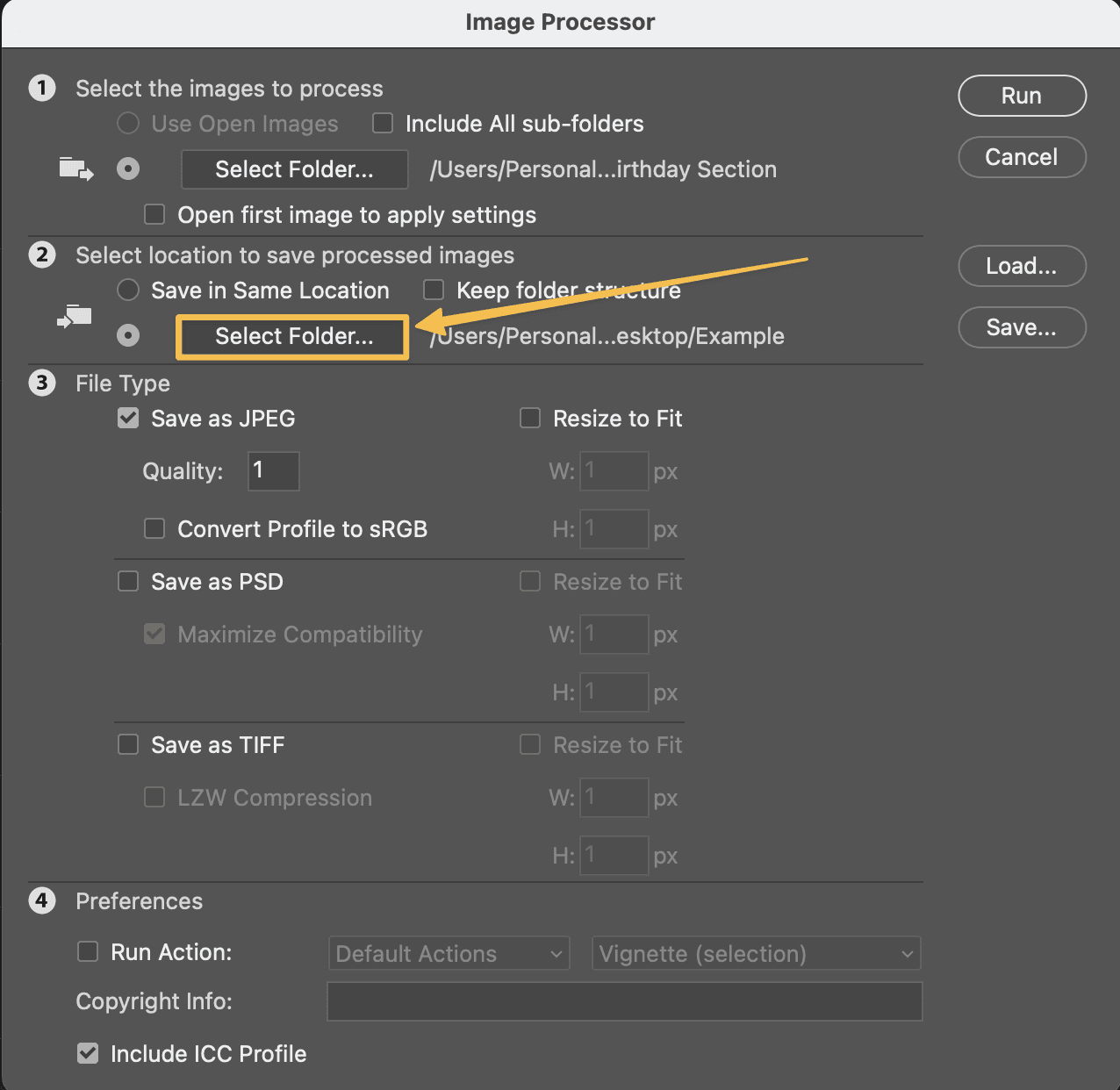 Arrow pointing to "Select Folder" to where the images should be processed