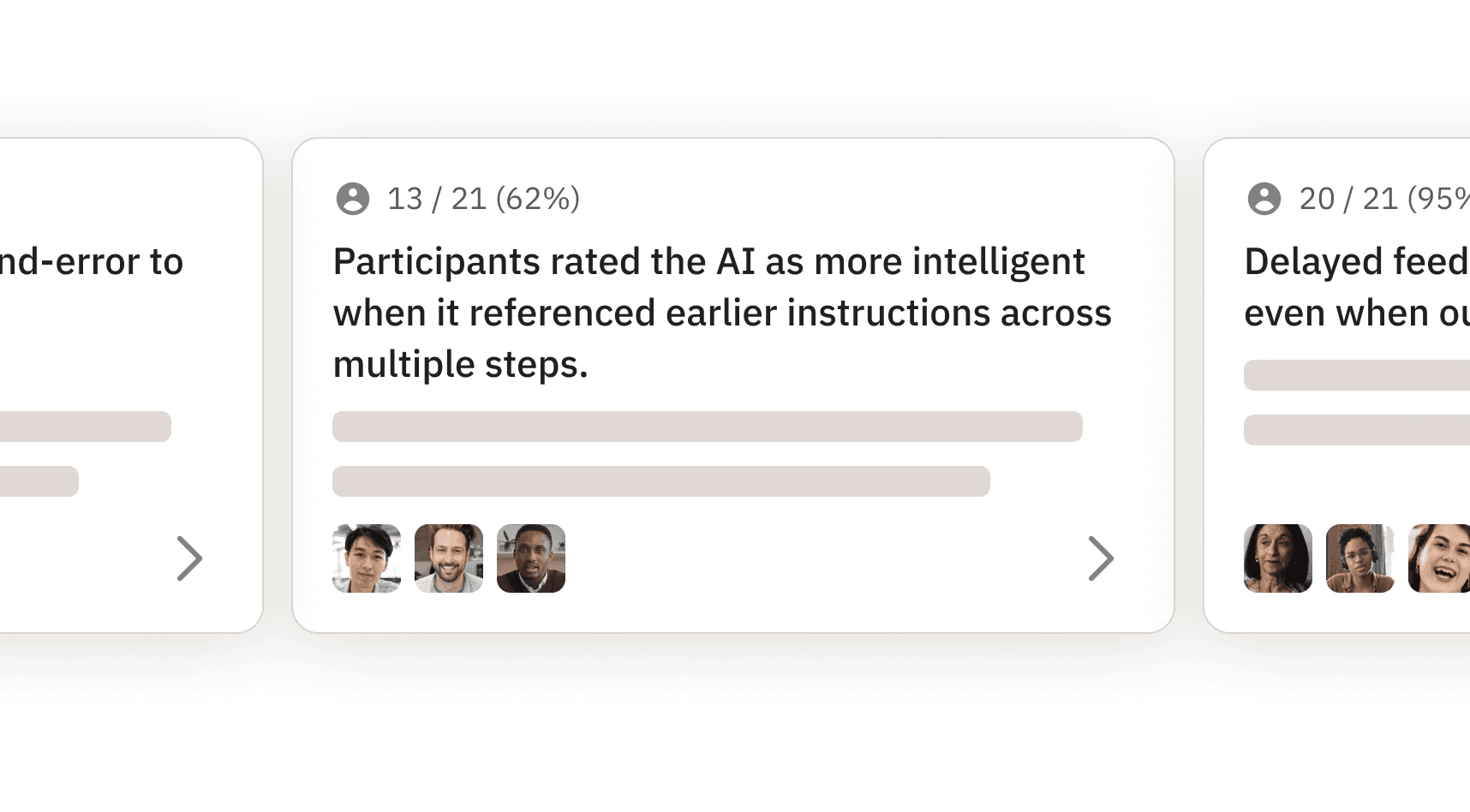 UI card showing participant feedback indicating AI is rated more intelligent when referencing earlier instructions