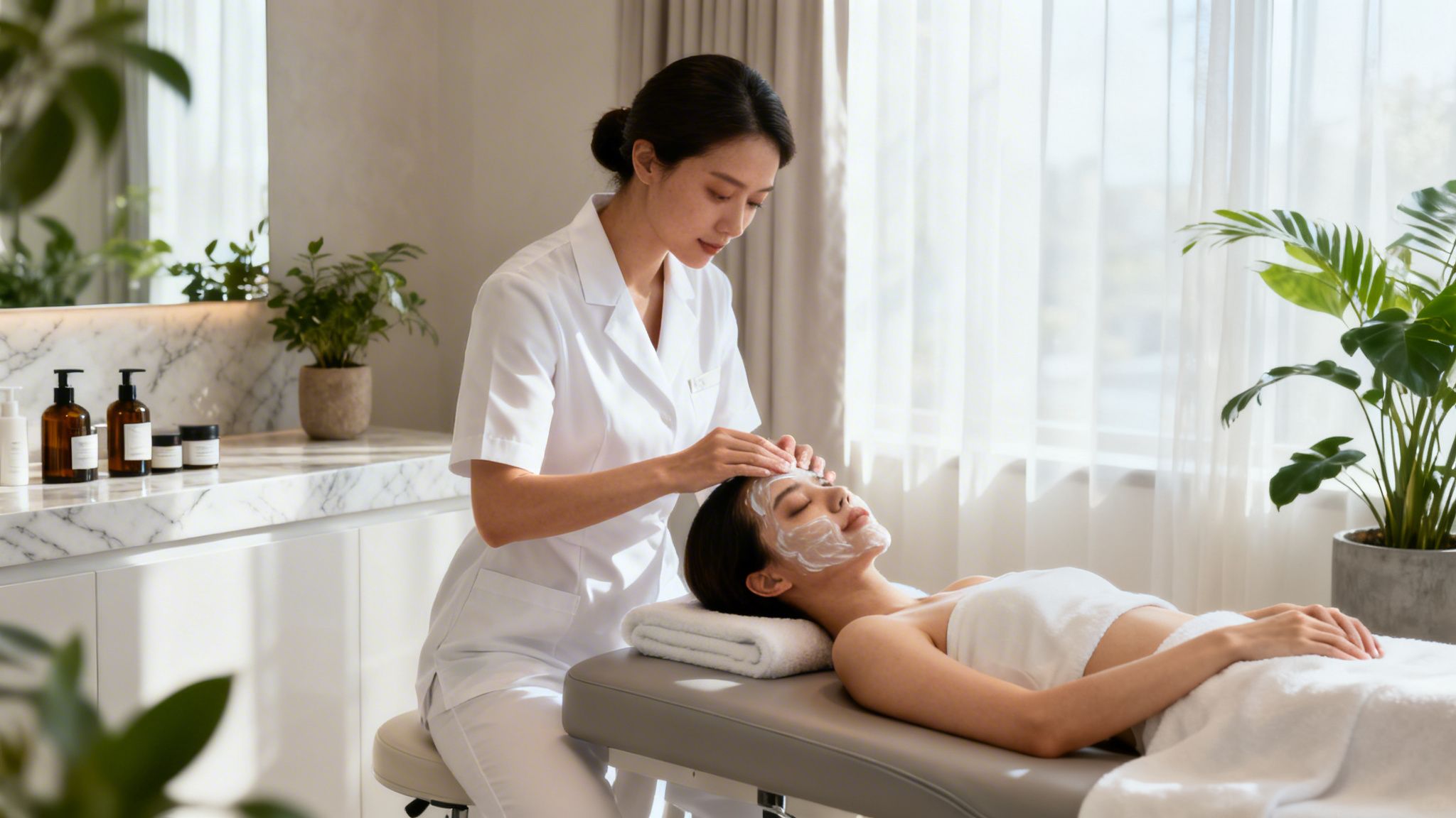 A woman receiving a facial