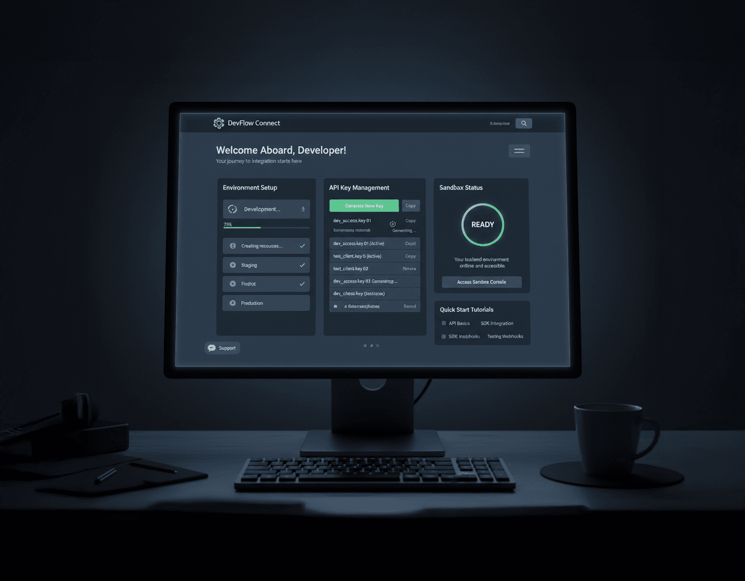 “PropTech developer onboarding platform with real estate API setup, sandbox environment, and deployment tools.”