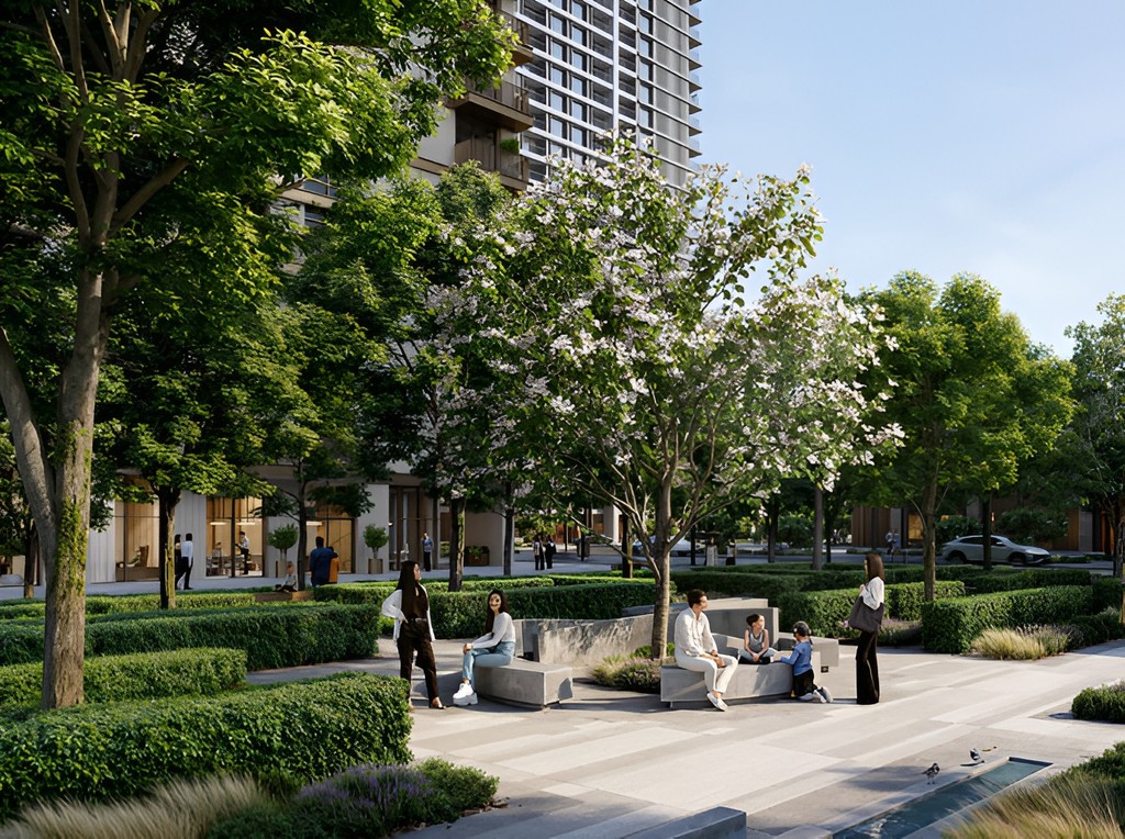 Visual representation of the park at Address Residences, designed with trees, benches, and pathways for community enjoyment.
