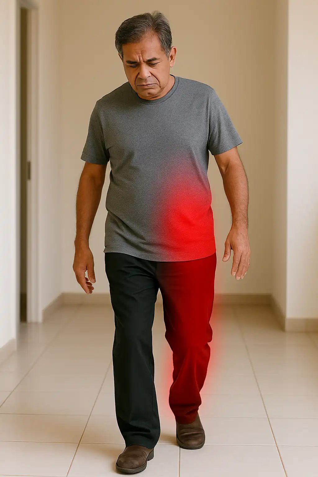 Man walking indoors with highlighted red pain along the hip and leg, showing symptoms of sciatica, hip arthritis, or gait dysfunction.