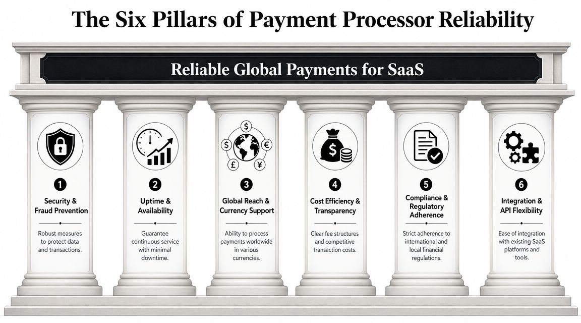 An infographic showing the six pillars of payment processor reliability for global SaaS companies and platforms.