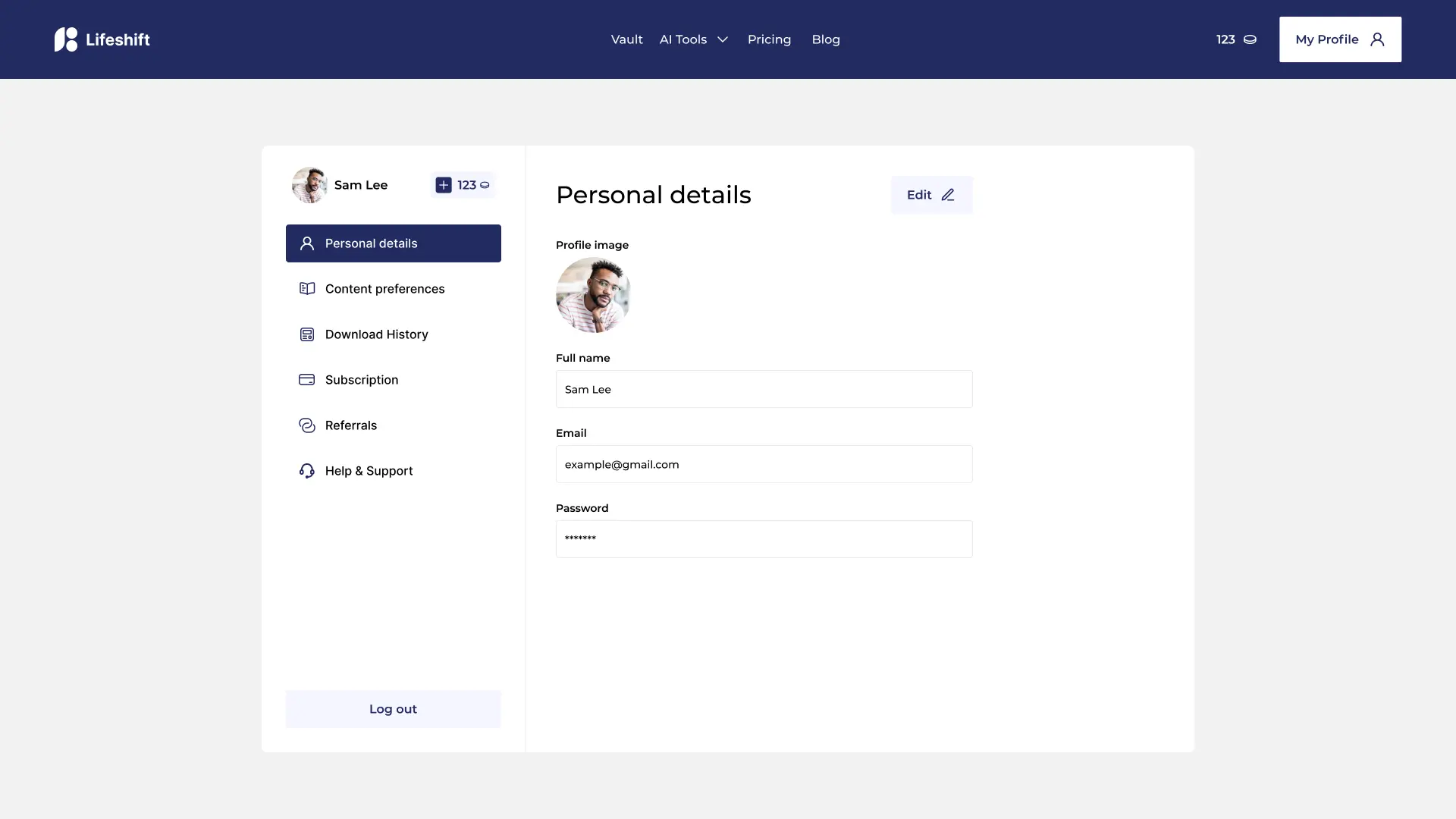Lifeshift account dashboard with personal details, content preferences, subscription, downloads, referrals and support