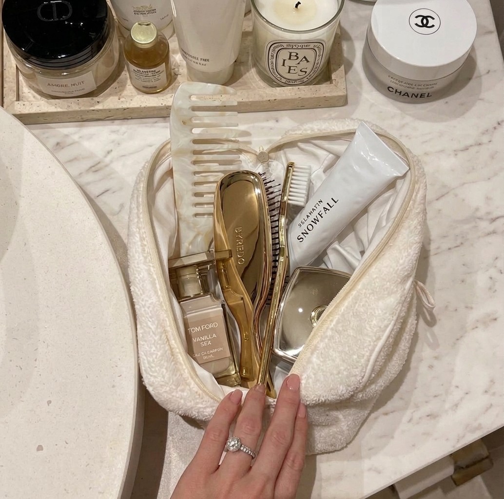 Overhead view of a skincare pouch with cream jars and tools, representing a daily skincare routine