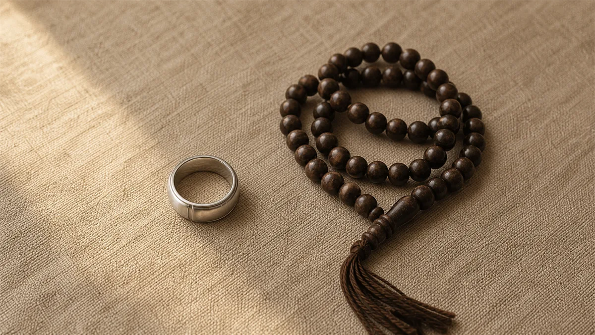 Plain silver smart tasbih ring beside one coiled misbaha strand on warm linen