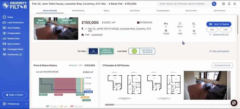Property Filter map view showing station distances and local amenities for serviced accommodation assessment