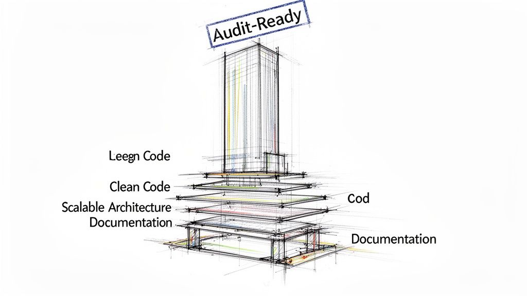 Architectural drawing illustrating software development principles: clean code, scalable architecture, and documentation, culminating in an audit-ready system.
