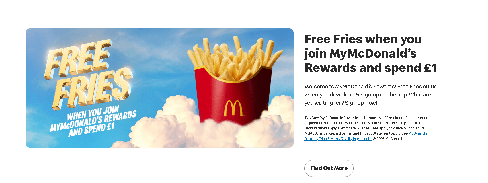 McDonald’s UK website promoting free fries for MyMcDonald’s Rewards members who spend £1.