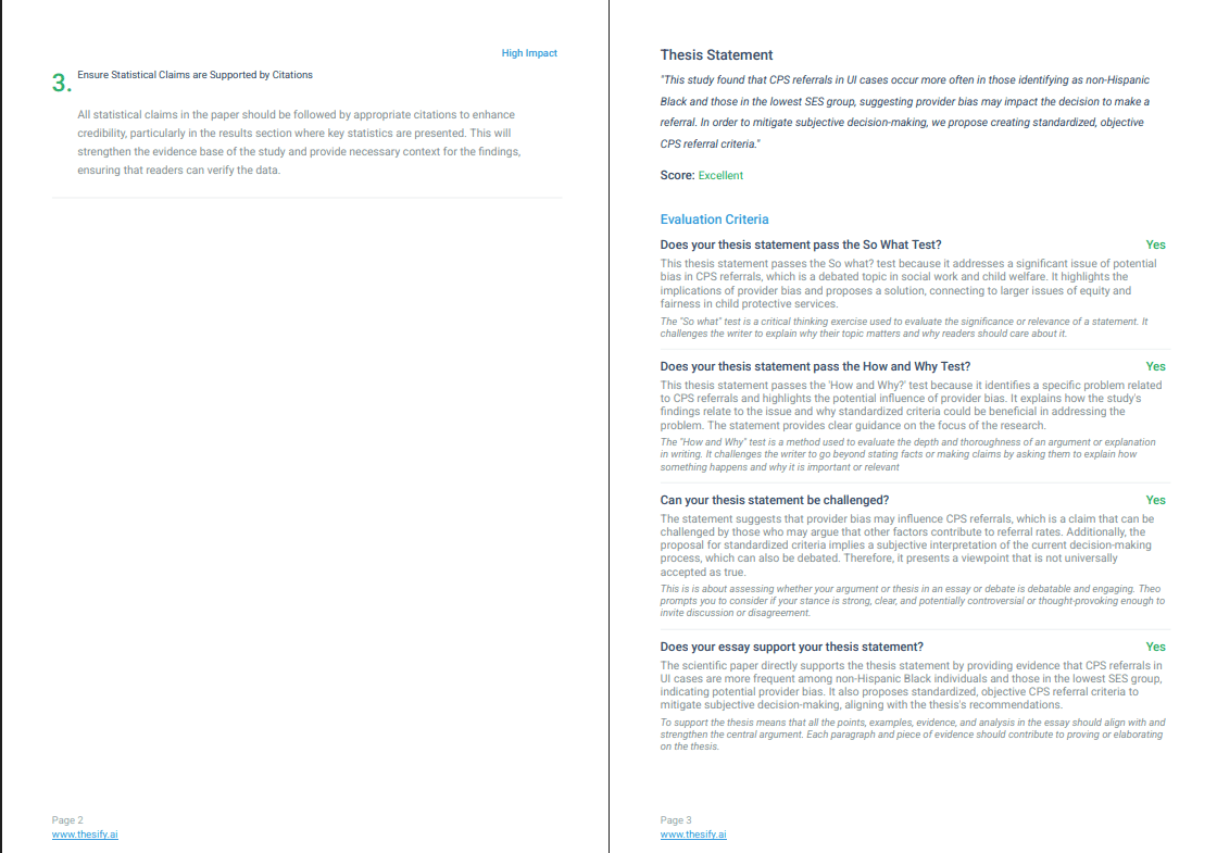 Inside pages of a thesify feedback report showing a high impact recommendation on statistical claims and a detailed evaluation of the thesis statement with scores and criteria.