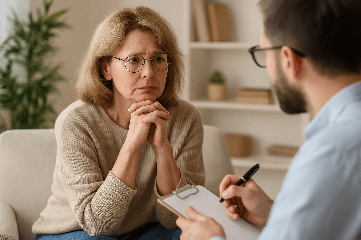 Foto seyora mañor en una consulta psicologica