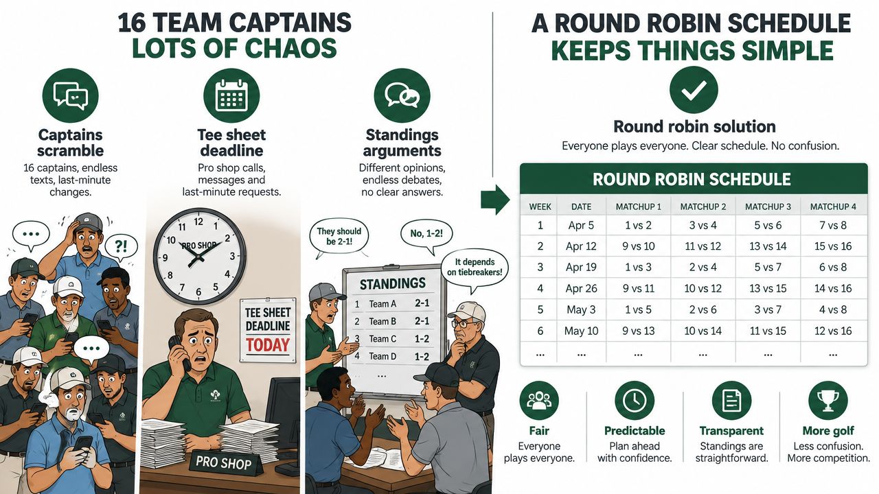 An infographic comparing the chaos of disorganized golf team scheduling versus a structured round robin tournament schedule.
