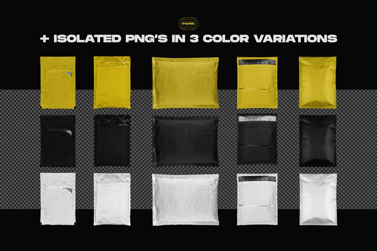 Paper mailing bag mockups isolated PNG packaging assets in yellow black and white