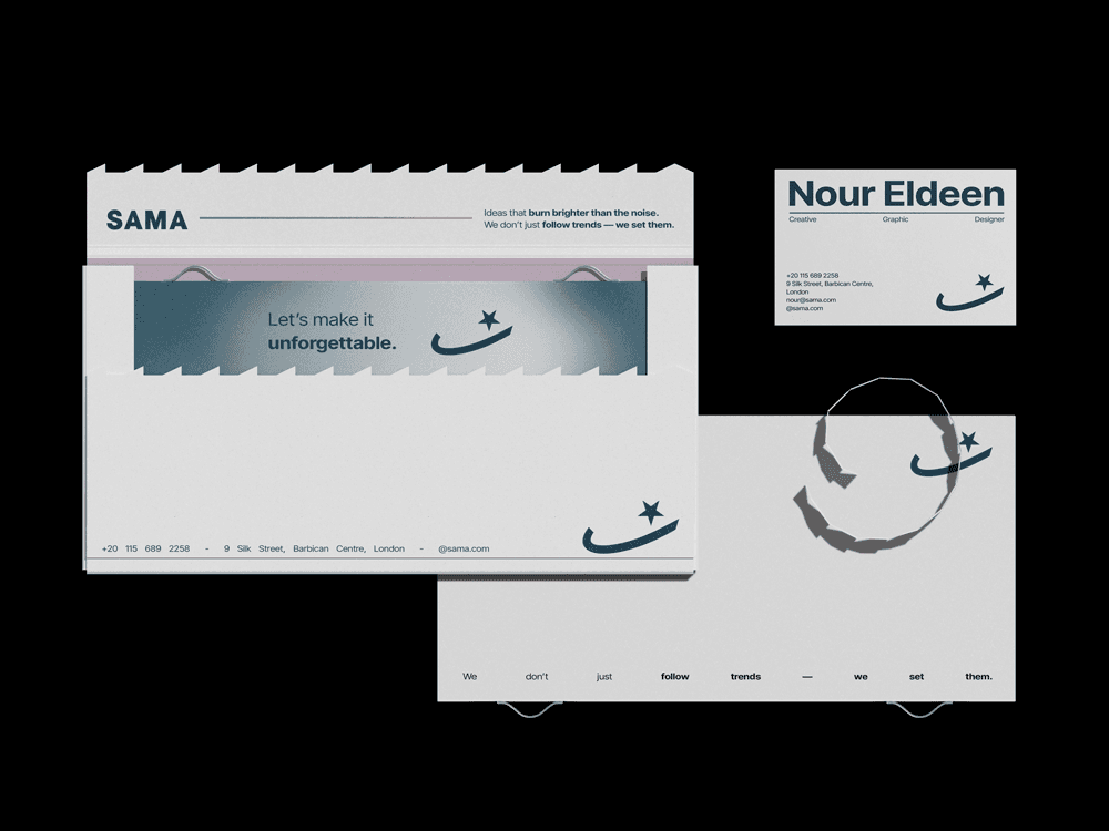 Sama Agency stationery design including business card, envelope, and letterhead, featuring modern logo and brand tagline ‘Let’s make it unforgettable.’ Professional Saudi branding identity.