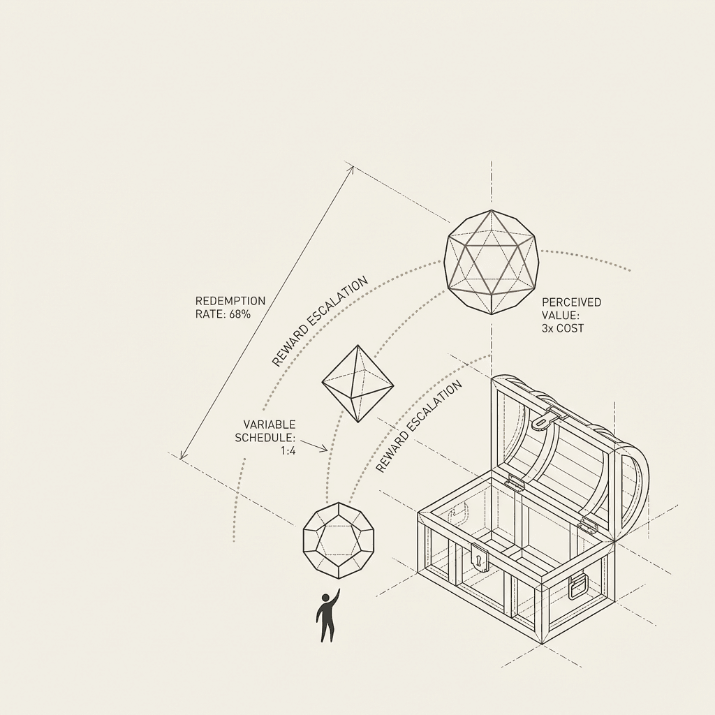 Towering treasure vault in a mountainside with glowing reward crystals and golden coins