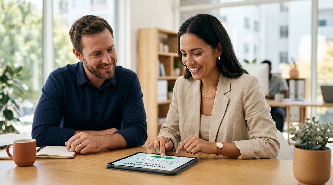 Hombre y mujer sonrientes discutiendo una póliza de seguro de vida en una tableta en una oficina moderna.