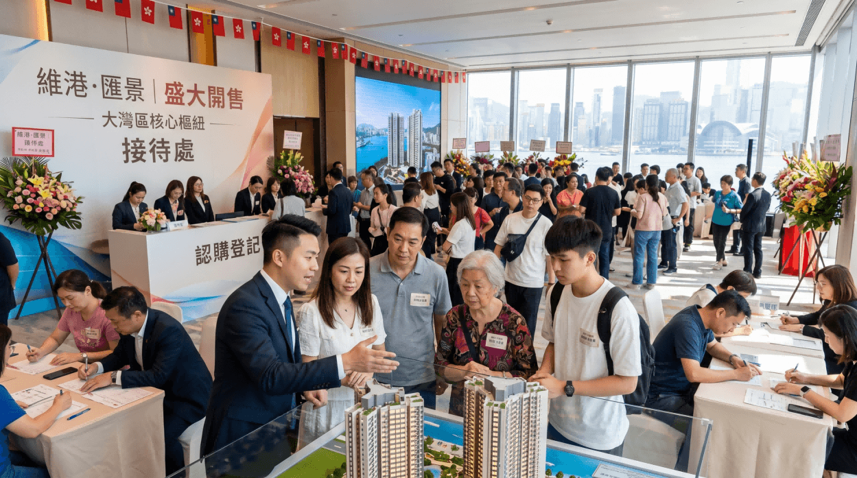 香港地產新盤開售推廣活動現場，銷售顧問向客戶講解建築模型，設有認購登記處及維港海景背景。