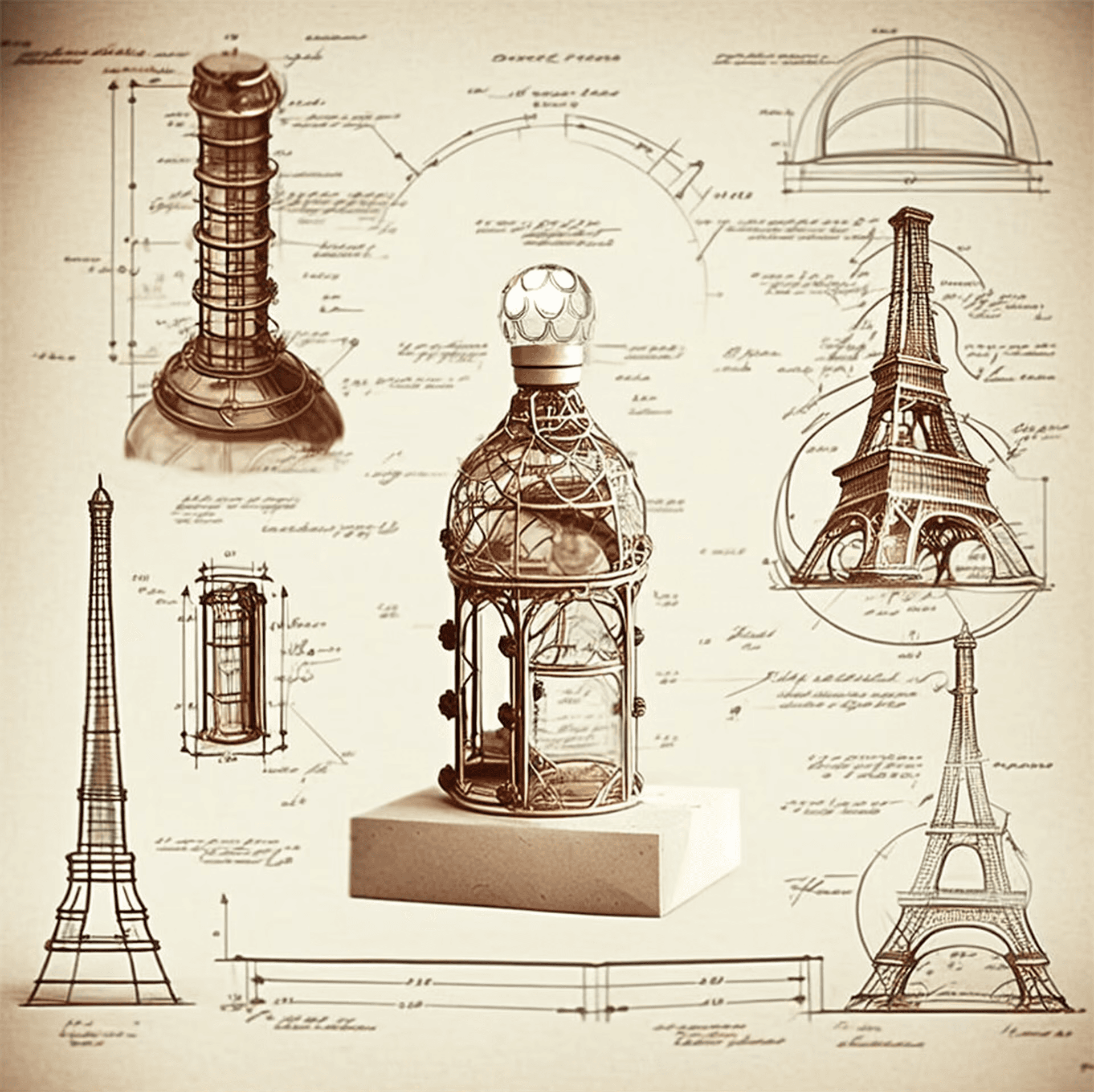 Celebrating Guerlain Bee Bottle 170th anniversary by depicting the bottle as a technical drawing of Eiffel Tower through generative AI.
