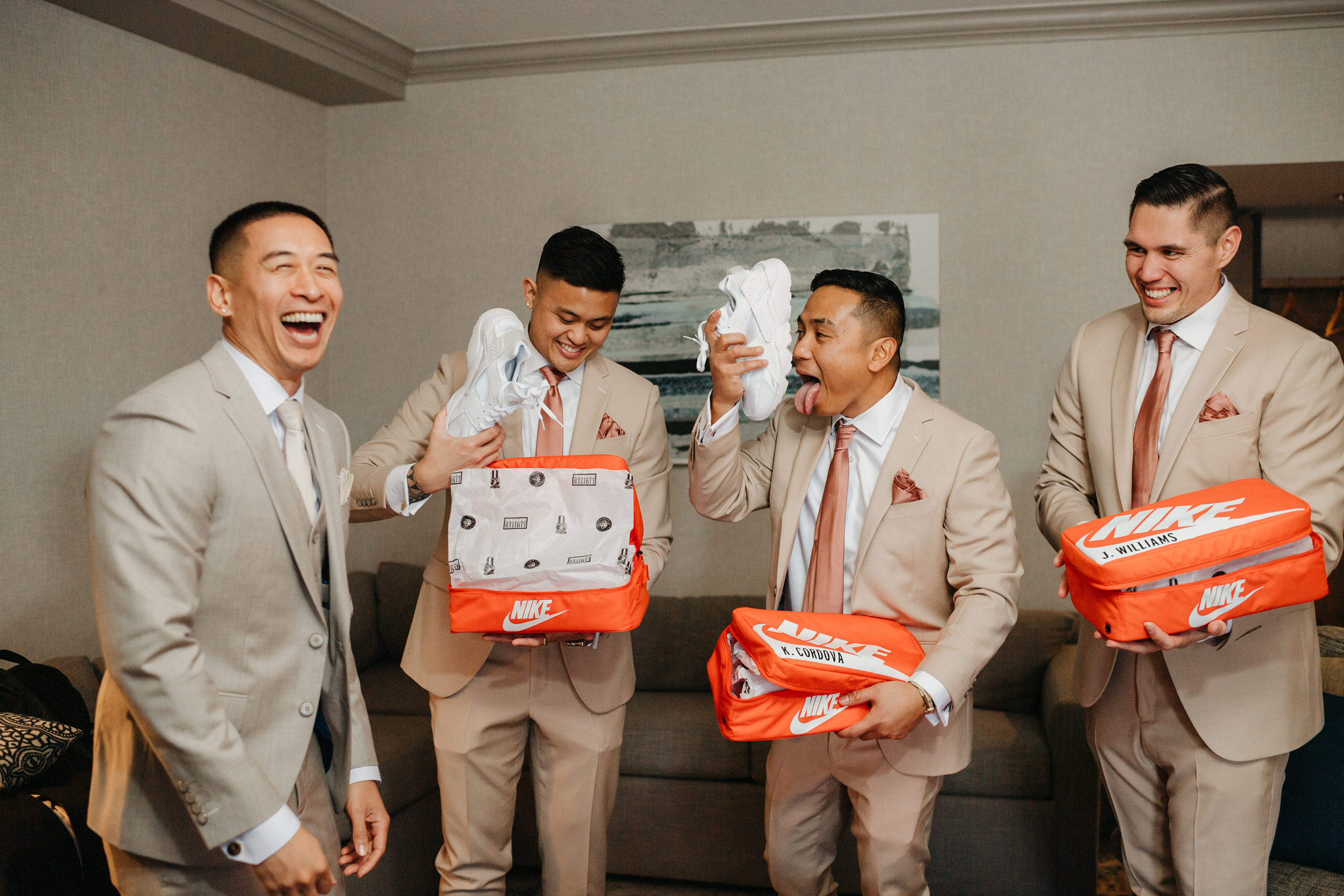 Flat lay wedding details with bouquet, rings, and sparkling bridal heels