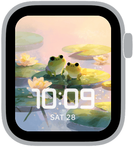 Cute frog Apple Watch face with pastel lilypads, dreamy water reflections, and cozy summer nature aesthetic