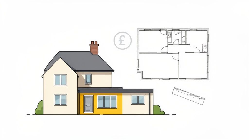 Illustration of a house with an extension, floor plan, ruler, and pound symbol, representing architectural costs.