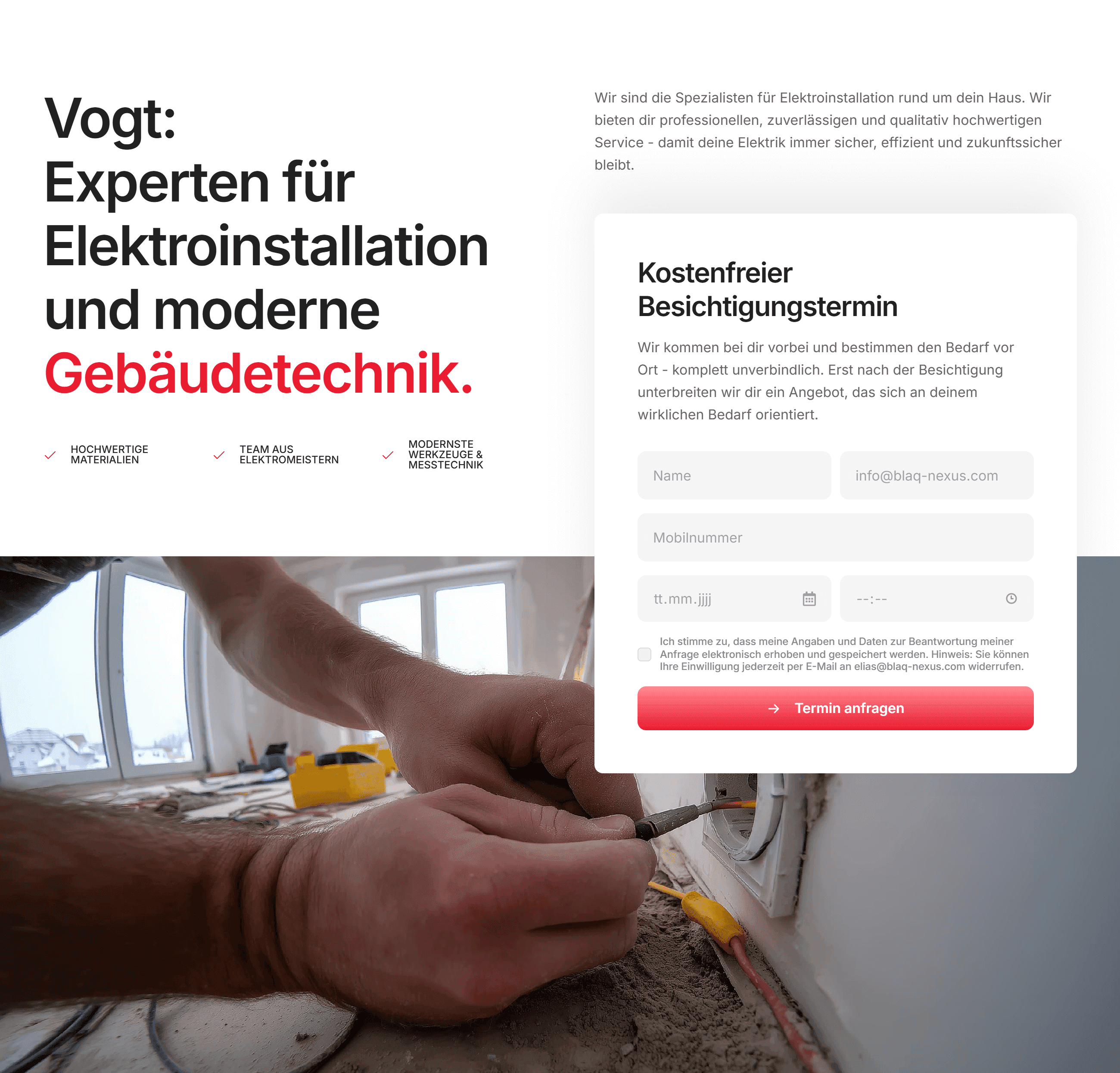 die hero-section eines Elektroinstallationsunternehmen