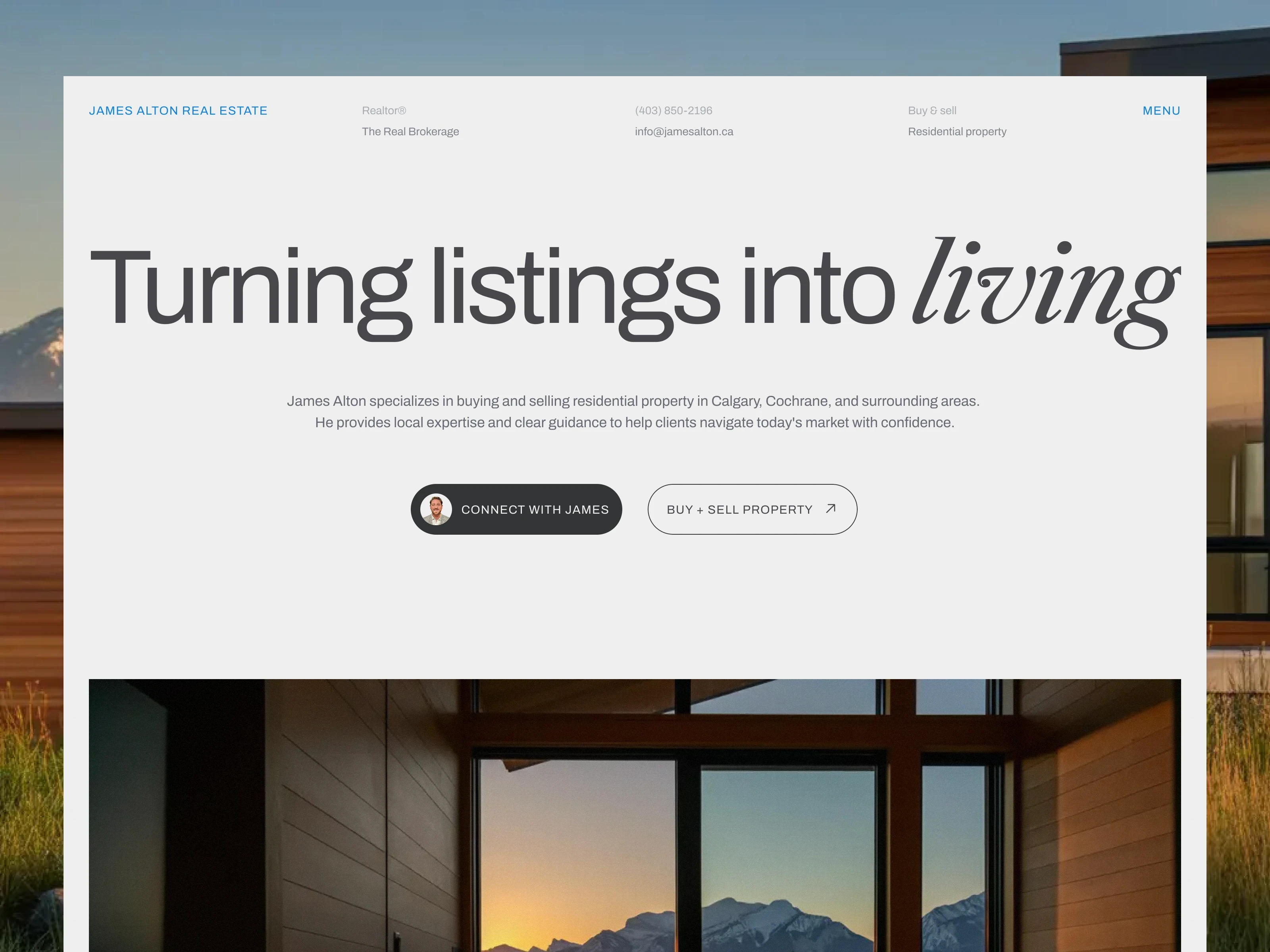 James Alton Real Estate homepage headlined Turning listings into living over a sunset home photo.