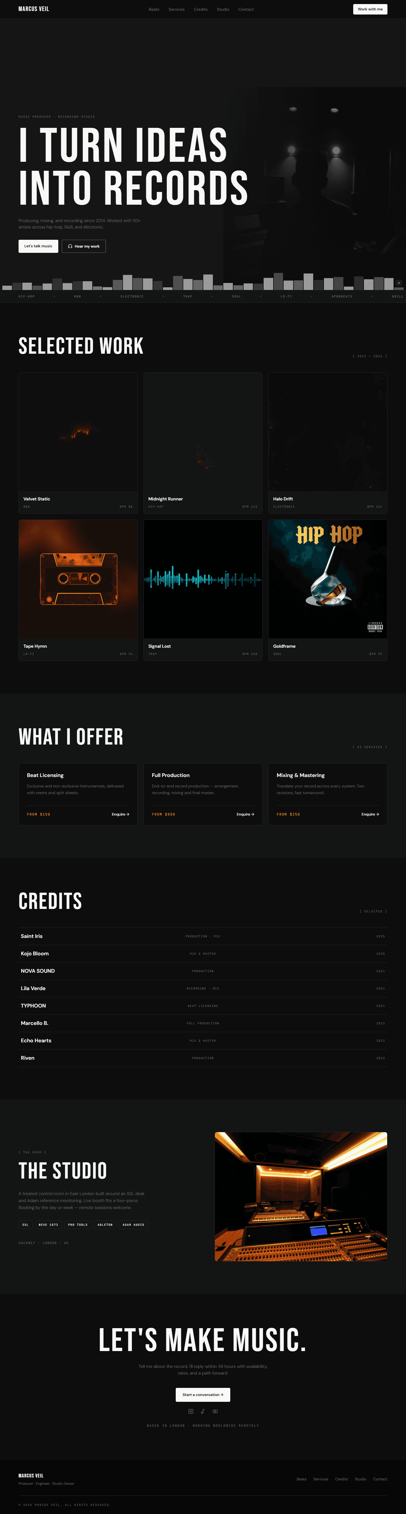 Music producer website prompt full preview — near-black #0d0d0d background with white type and amber pricing accent, Bebas Neue 180px uppercase hero headline "I TURN IDEAS INTO RECORDS" over dark studio photo with noise texture overlay, animated 40-bar waveform equaliser across the bottom of the hero with staggered height loop, six beat cover art cards in a three-column grid with white circle play button appearing on hover, and eight-entry credits table with artist names and roles separated by thin border lines