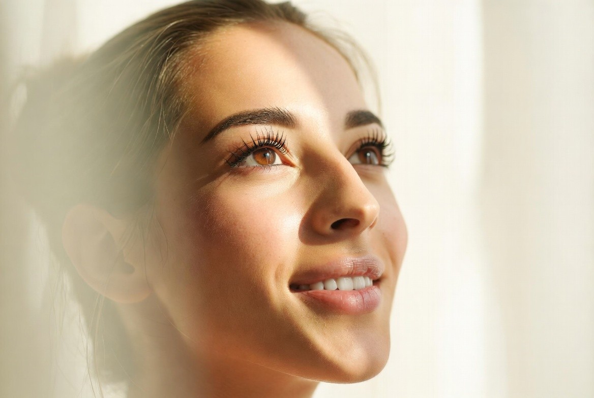Woman looking up and smiling, showing lash extensions in profile.