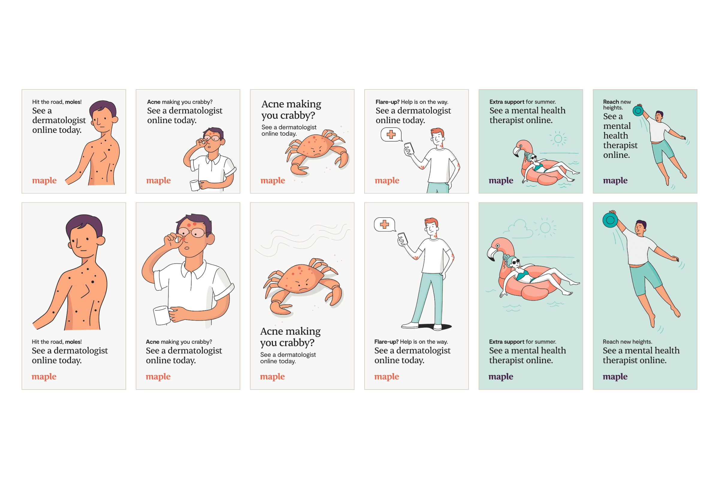 Paid ad concept tiles for Maple's dermatology service line, featuring illustrated headlines about virtual skin consultations, such as "Don't cancel that date" and "Acne treatment on the spot."