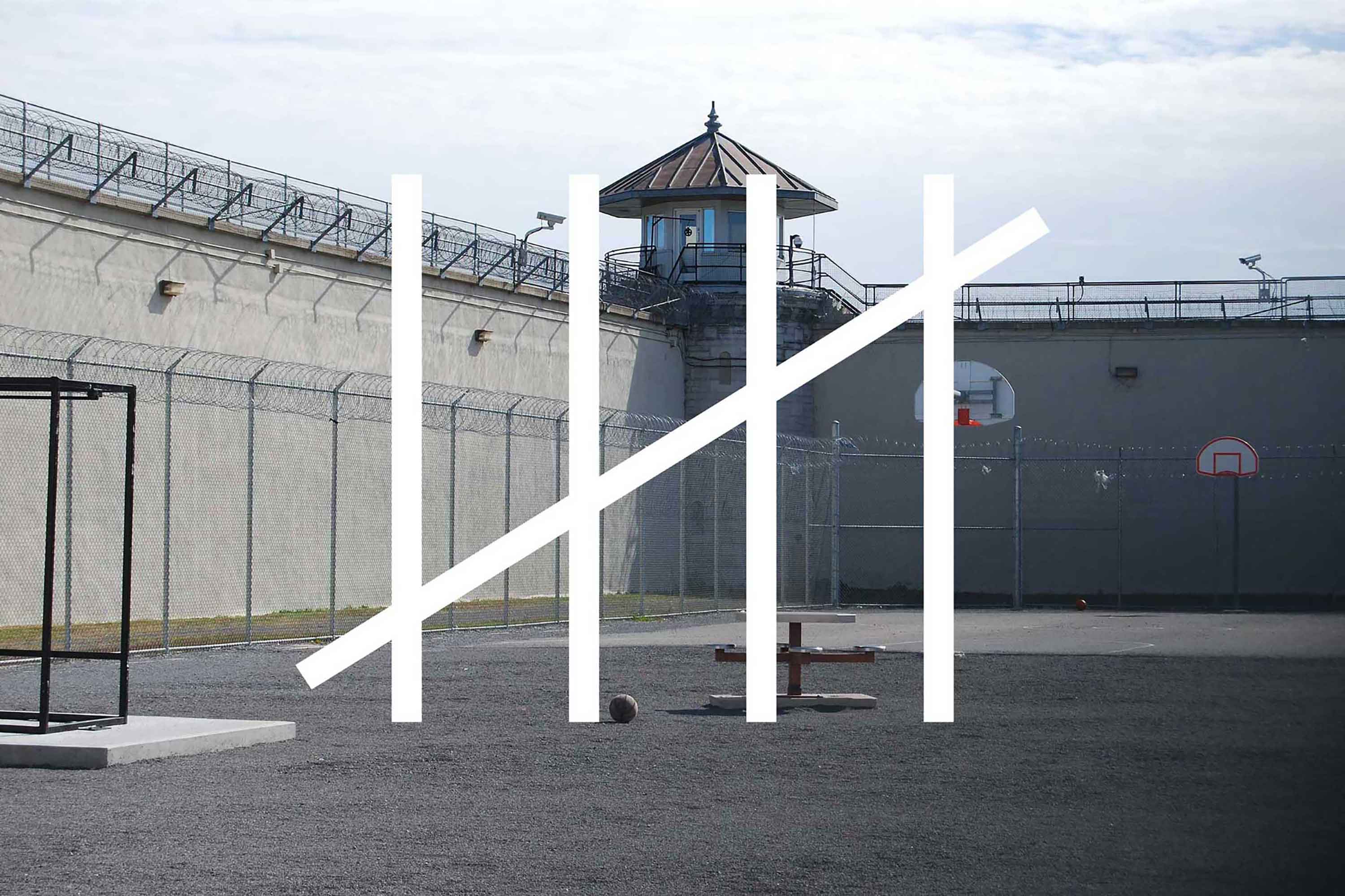 Bridge of Hope Innocence Initiative culture branding: A stark prison fence background with a white "tally mark" logo overlay.