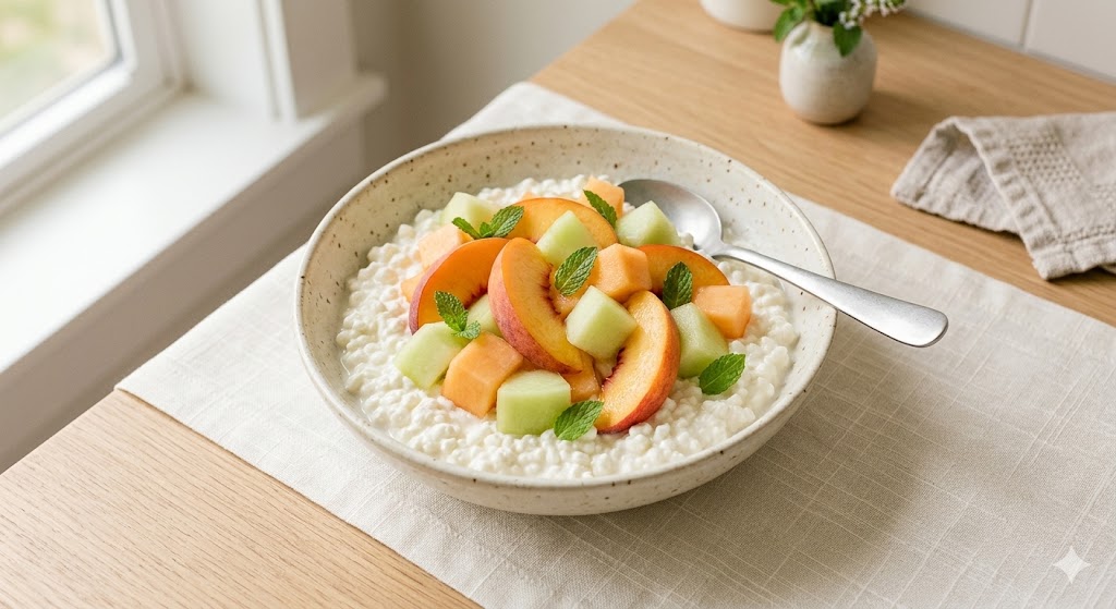 A close-up photograph of a rustic ceramic bowl filled with creamy cottage cheese, topped with a colorful arrangement of fresh peach slices, cubed cantaloupe melon, honeydew melon, and a few mint leaves, with a silver spoon resting inside. The bowl is set on a light linen placemat on a wooden table, with soft light from a window in the background.