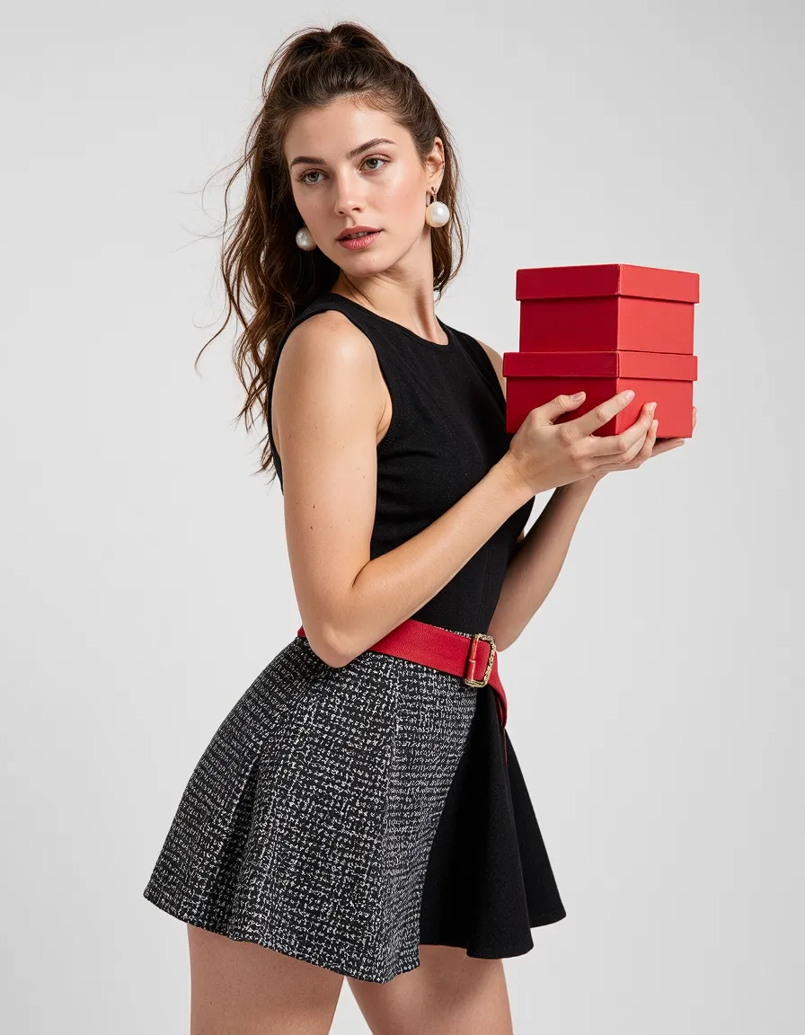 Woman in black dress with red belt holding gift boxes, professional fashion photography style for holiday catalogue