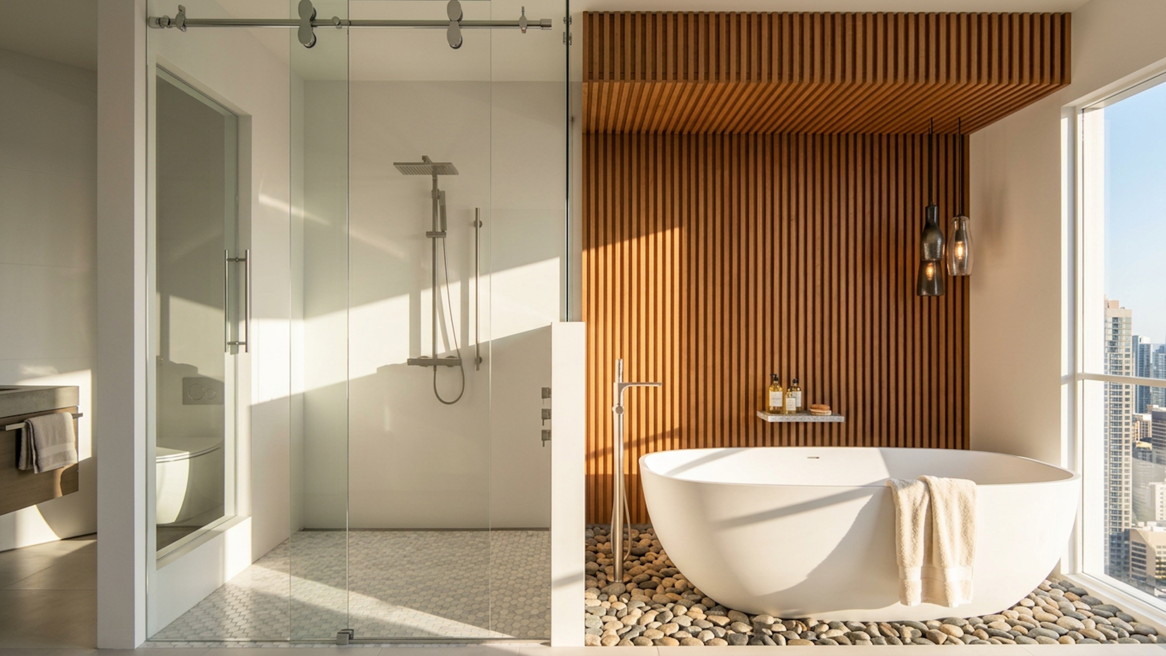Modern spa bathroom with a freestanding tub, wood slat feature wall, and city views.