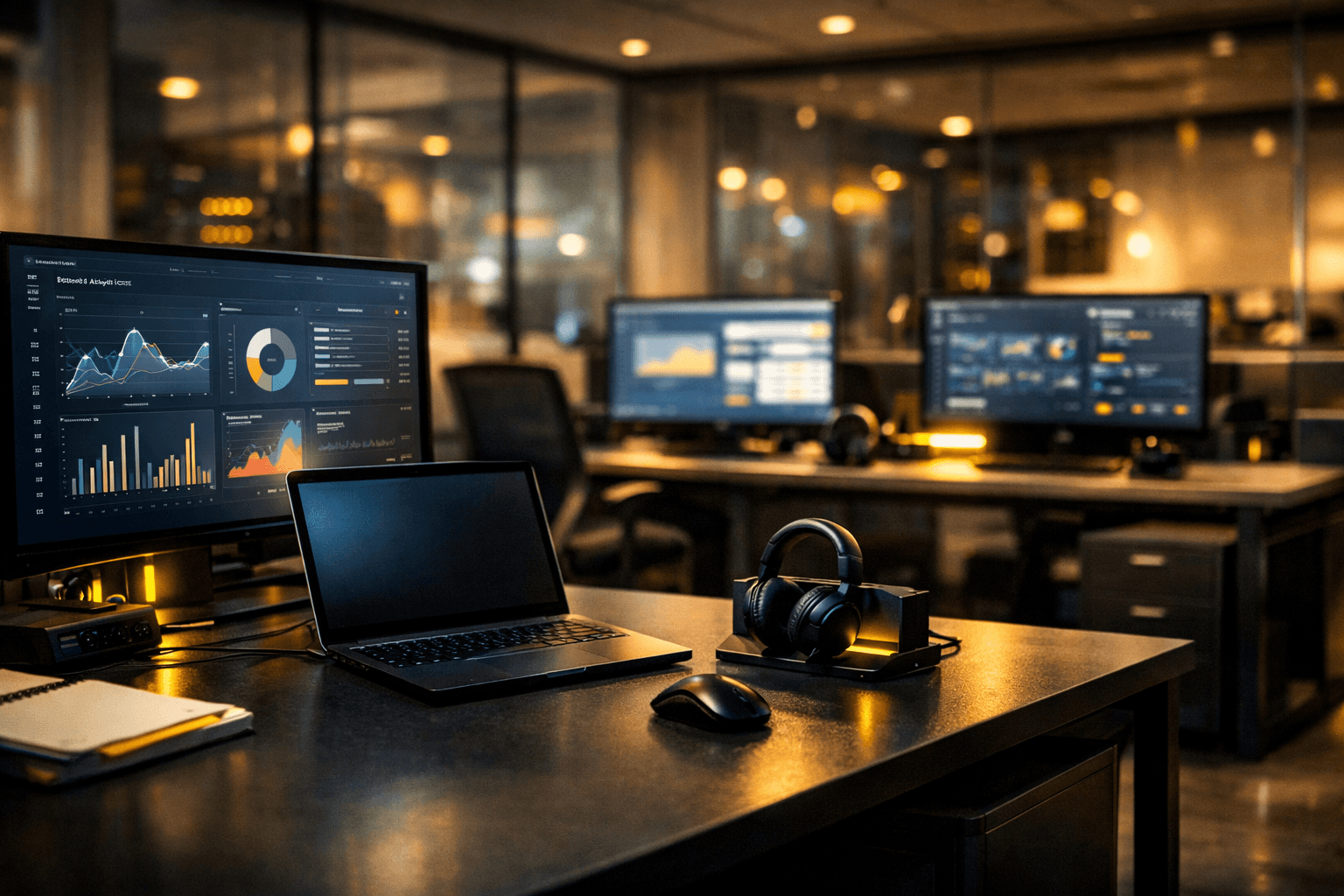 Estação de suporte para e-commerce com laptop, múltiplos monitores exibindo dashboards, headset sobre a mesa e ambiente de escritório moderno ao fundo levemente desfocado, iluminação quente e atmosfera organizada de atendimento contínuo.