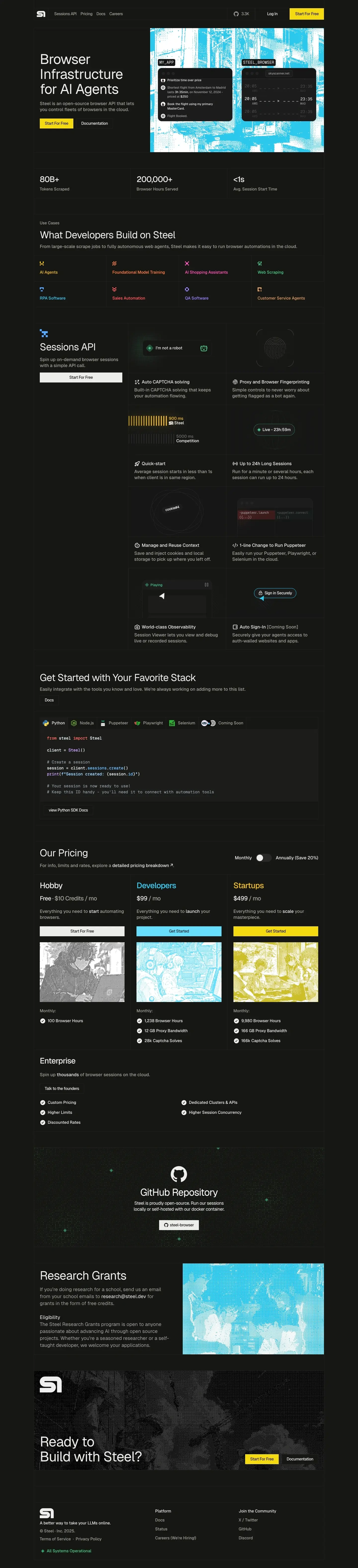 Steel landing page screenshot showcasing AI and Tech design