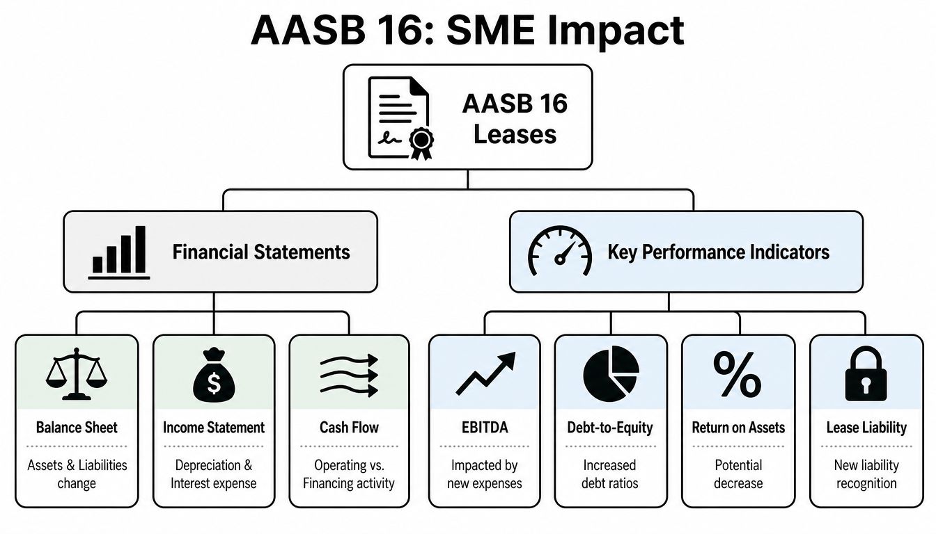 A diagram illustrating the impact of AASB 16 Leases on financial statements and key performance indicators.