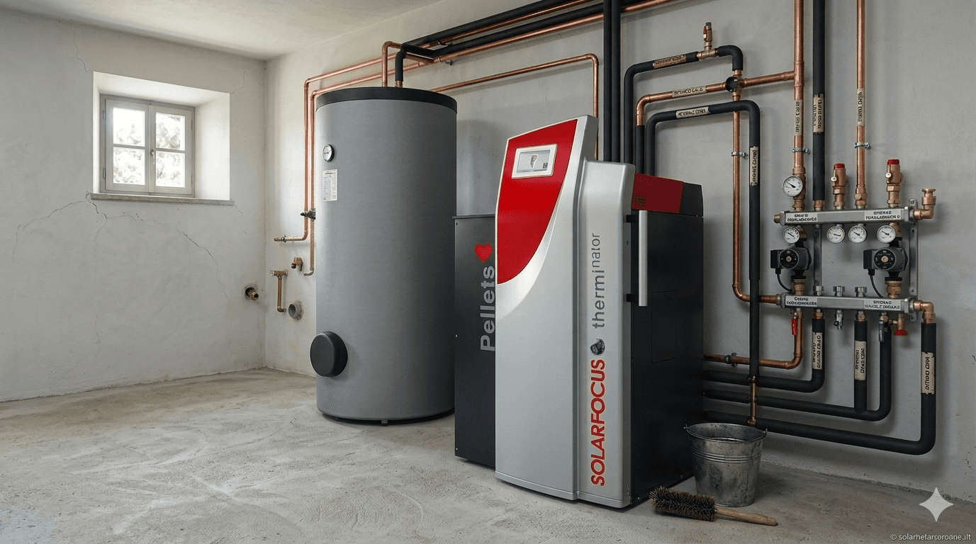 Caldaia a biomassa Solarfocus Therminator installata in locale tecnico domestico con serbatoio di accumulo e impianto idraulico a Padova