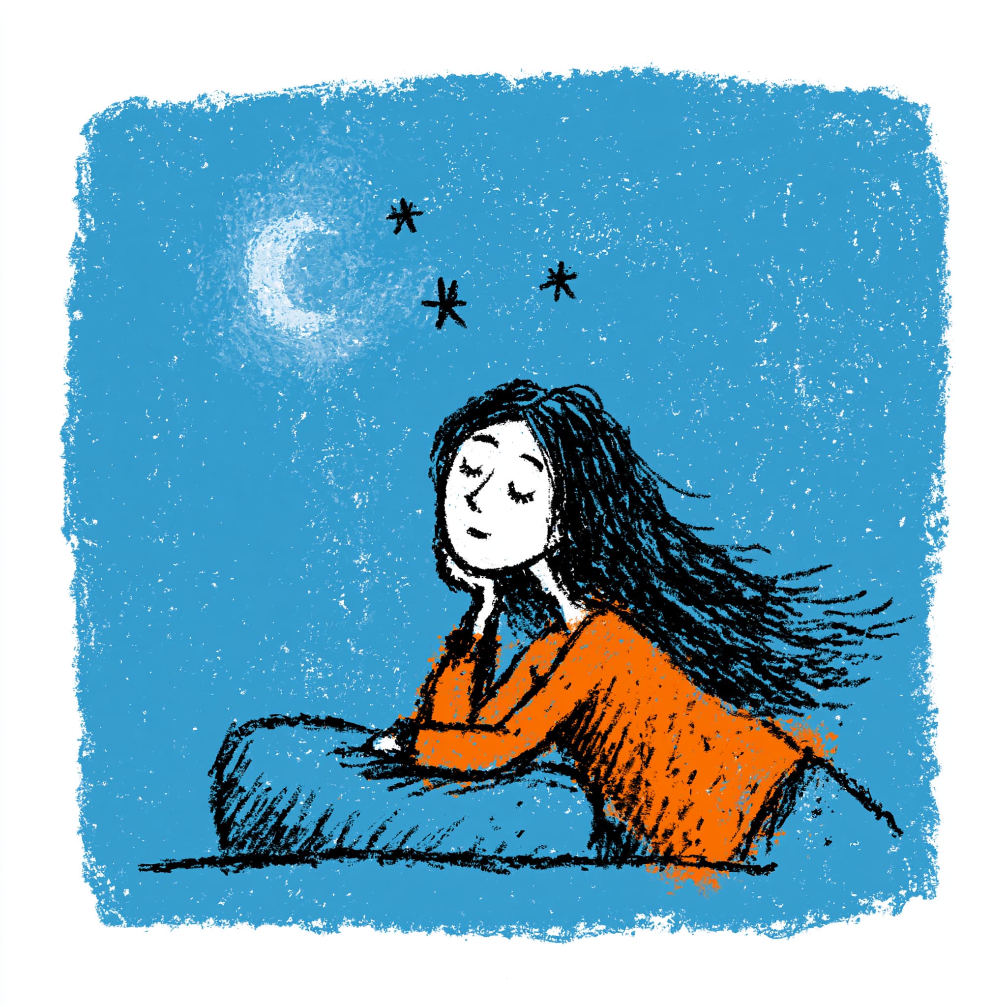 Whimsical Aquarell-Illustration einer friedlich schlafenden Frau mit langem Haar unter Mond und Sternen – Symbol für erholsamen Schlaf durch Hypnosetherapie in Konstanz