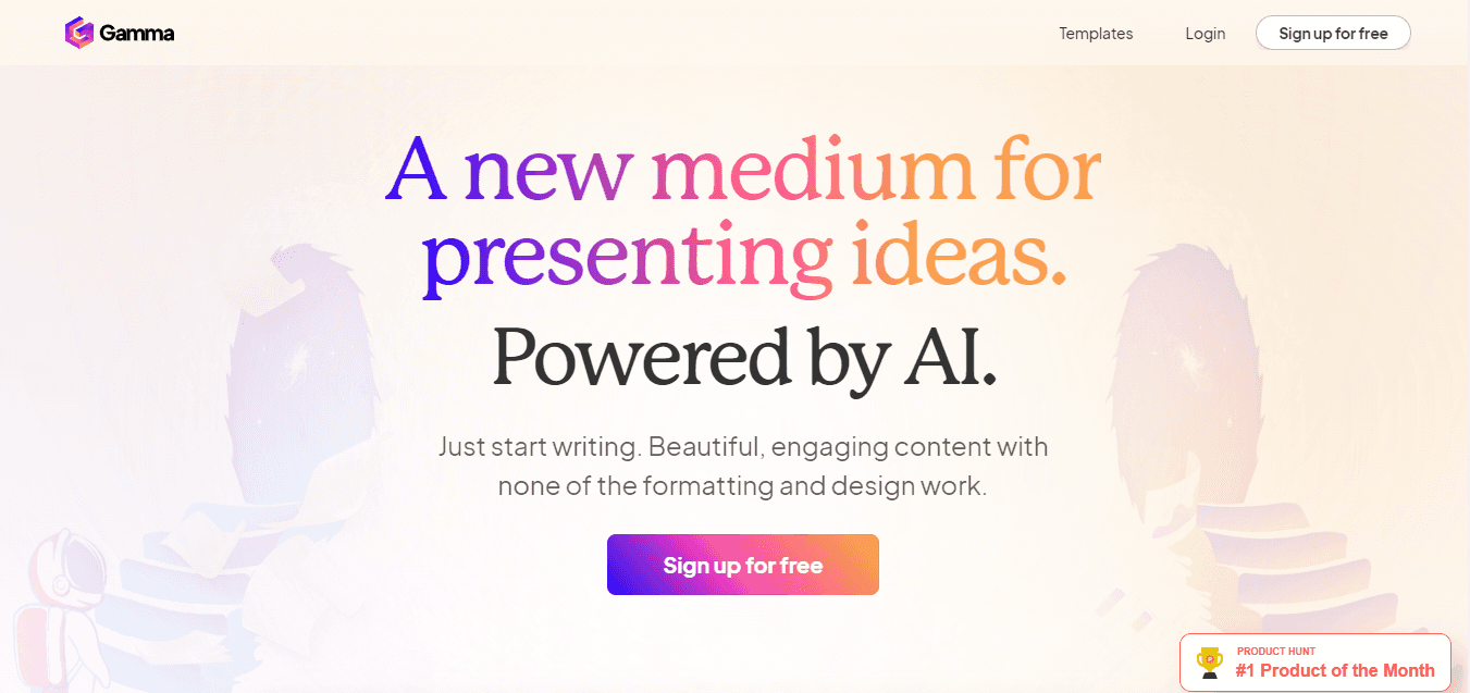 Gamma landing page offering a powerful AI tool for crafting professional presentations with easy media integration and fast export options.
