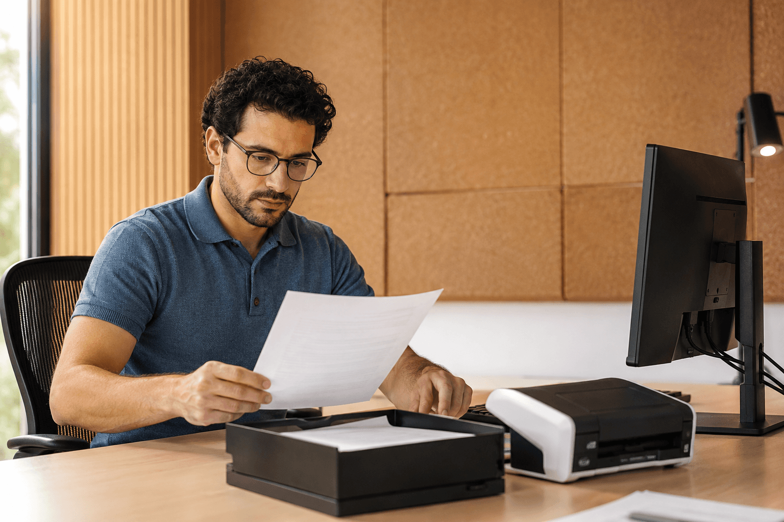 A man reviews paperwork beside a computer and document trays.