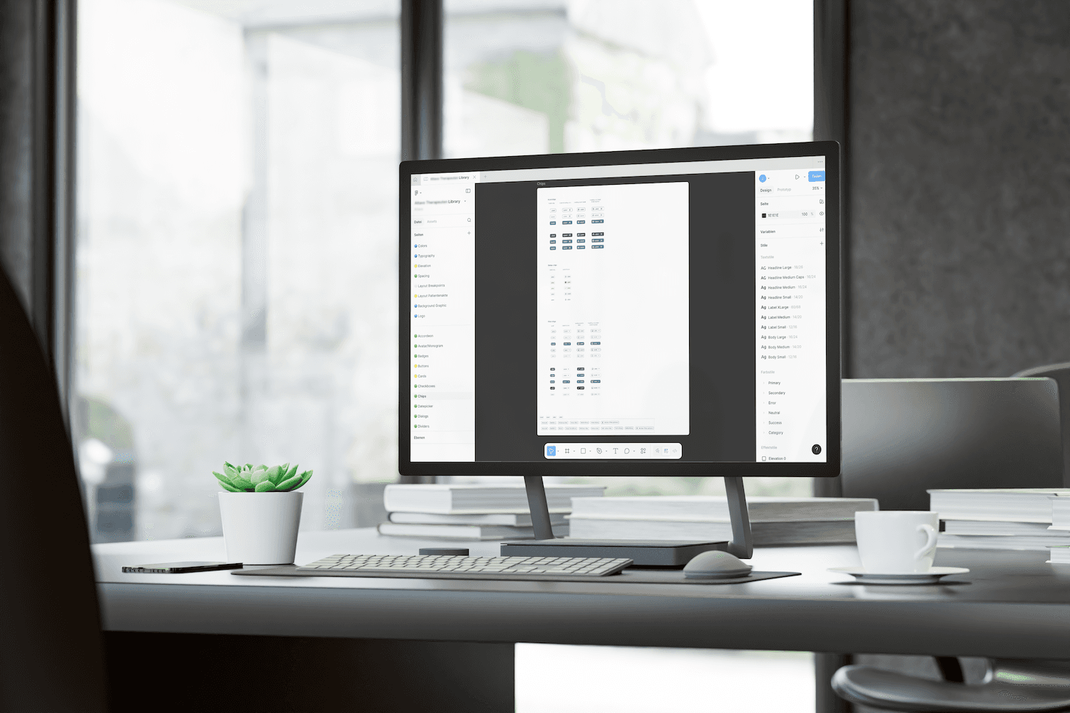 Moderner Arbeitsplatz mit großem Monitor auf dem eine Komponenten Design Bibliothek zu sehen ist, Tastatur, Maus, kleinem Topfpflanze und Stuhl vor Fenster mit Tageslicht