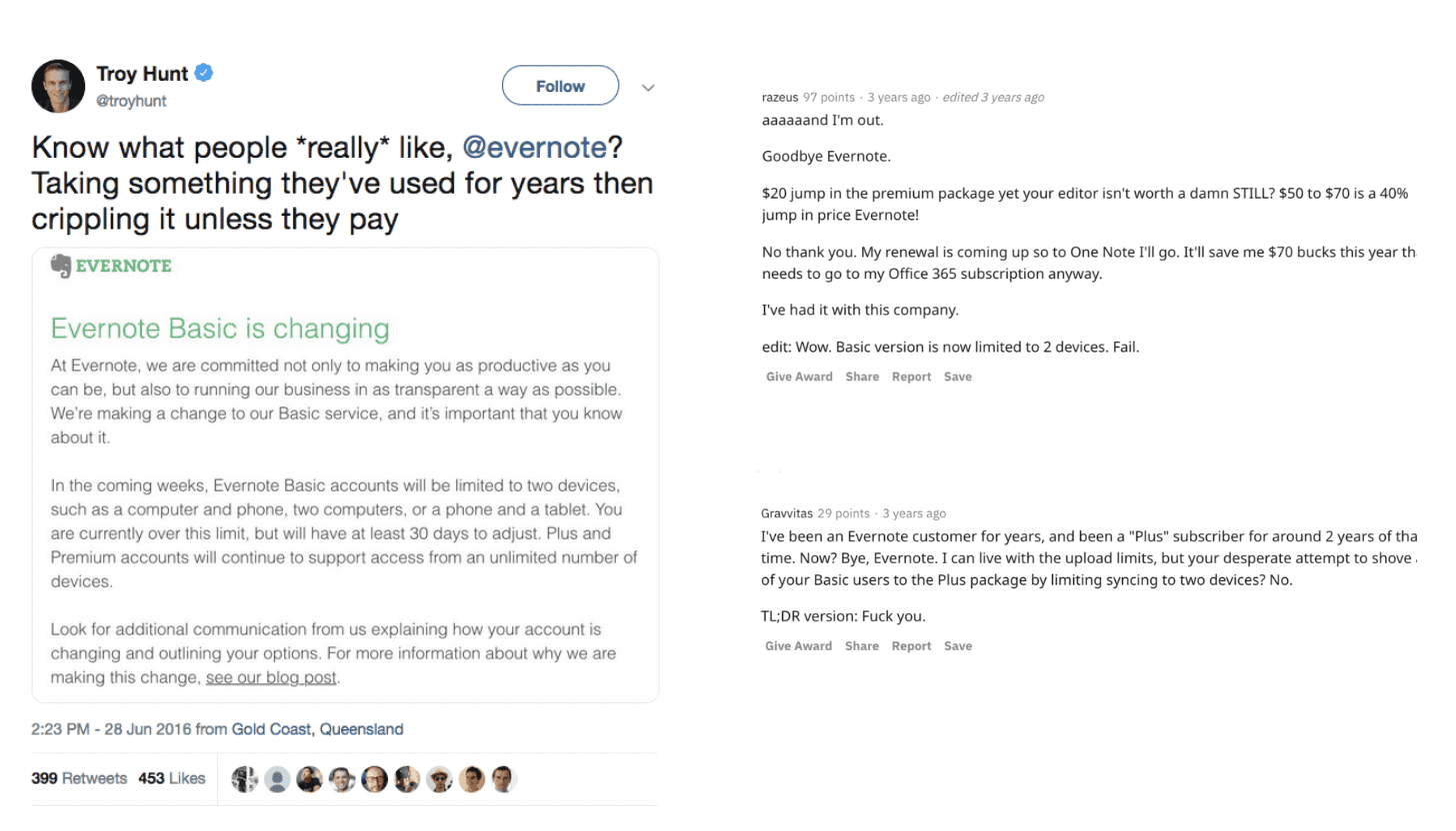 Screenshots of negative feedback for Evernote's pricing strategy.
