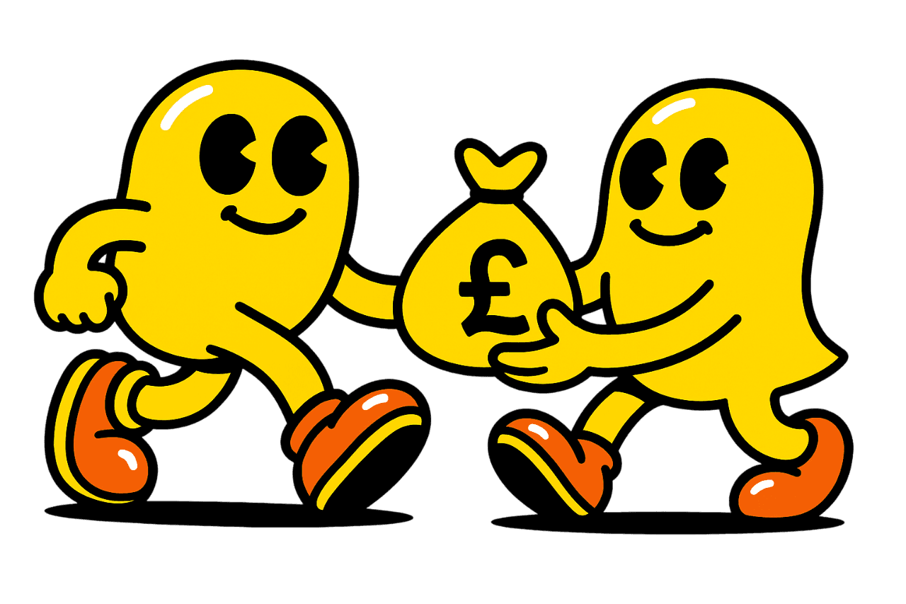 Two smiling yellow cartoon characters walk toward each other as one hands the other a money bag marked with a pound (£) symbol.