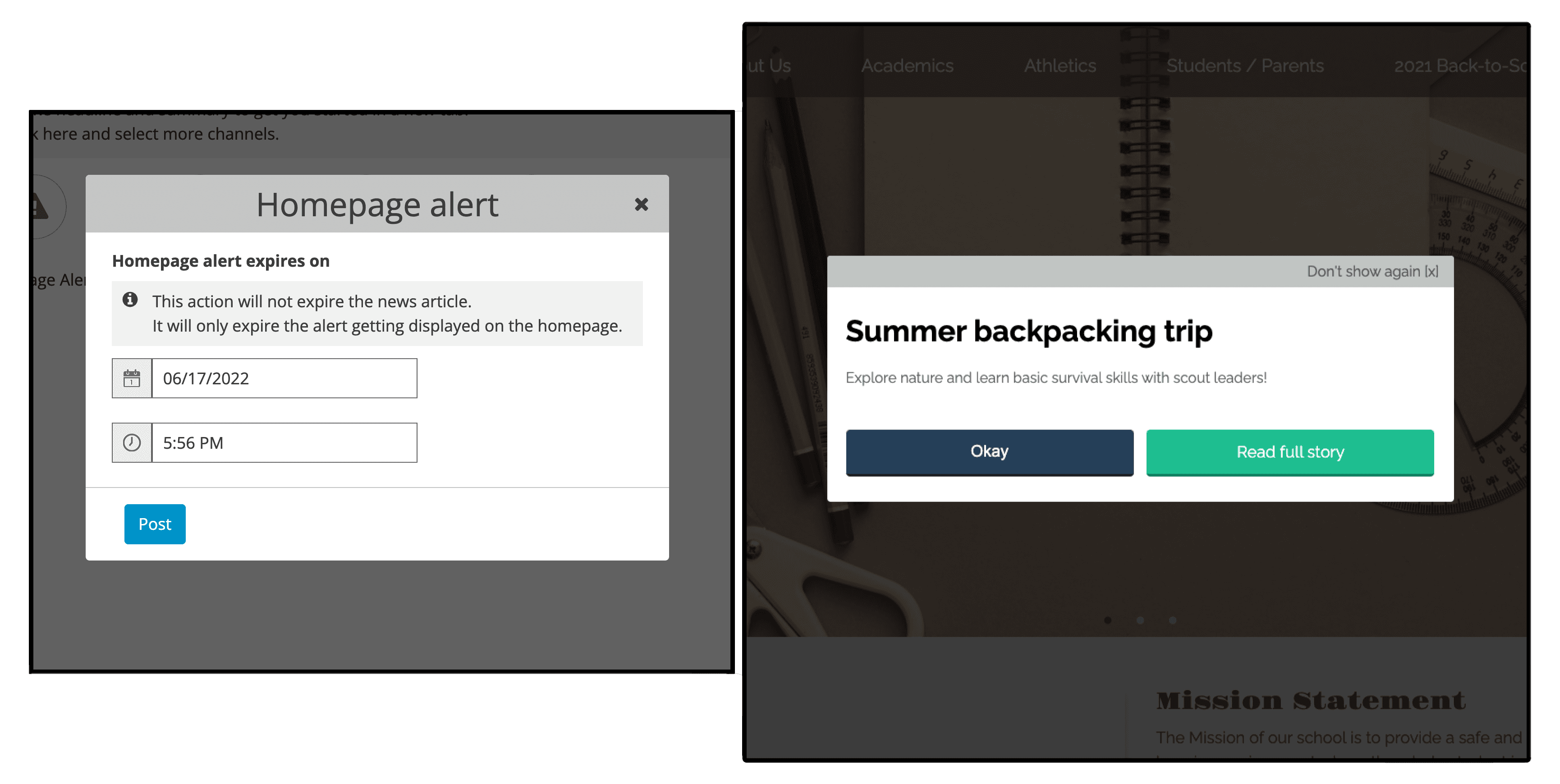 old modal on the admin site and the public site