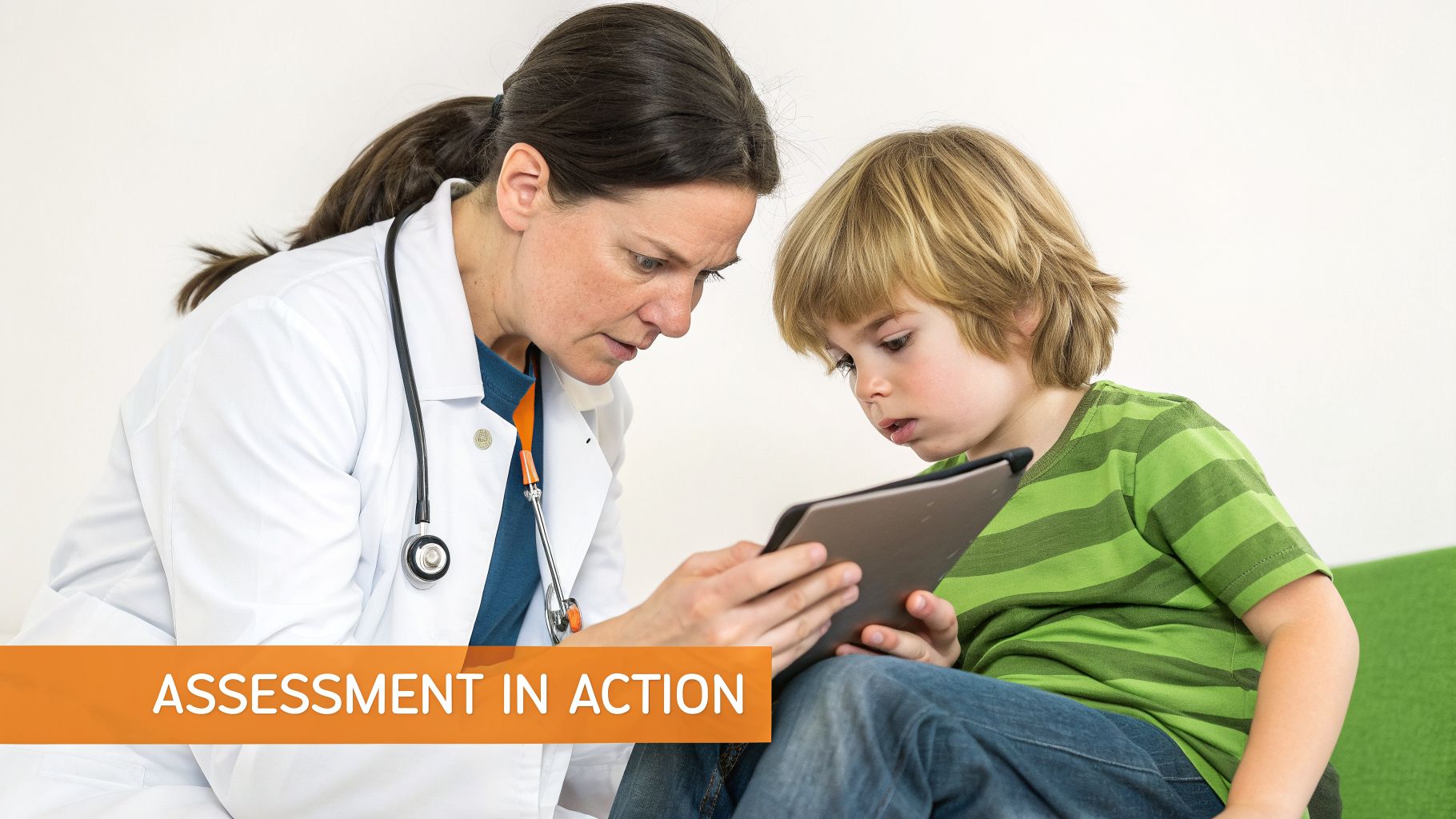 A female doctor and a young boy collaboratively looking at a tablet, likely for a cognitive assessment.